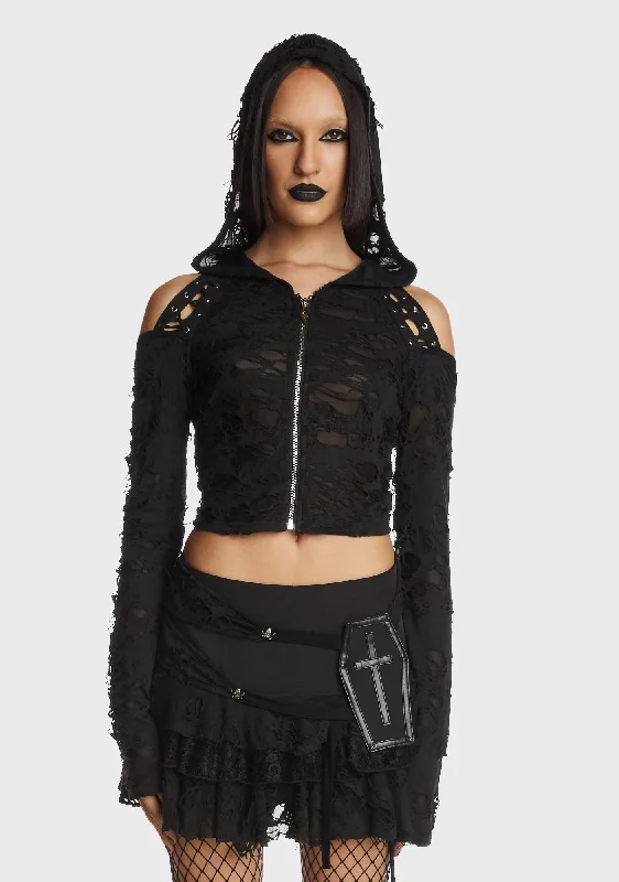 Women's Fashion Clothing Punk Decadent Shredded Hooded Top