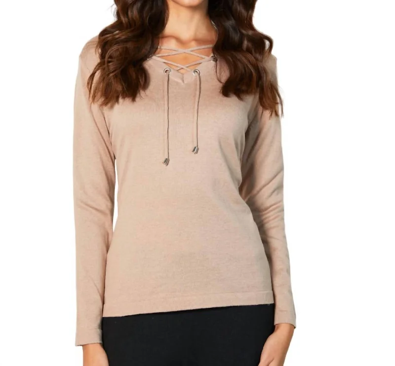 End Of Season Sale V-Neck Grommet Top In Sand