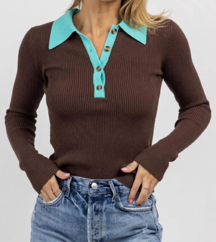 Fashion Essentials Button Collared Top In Beverly Turquoise