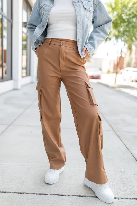 Huge Discounts This Week Follow My Lead Camel Faux Leather Cargo Pants FINAL SALE