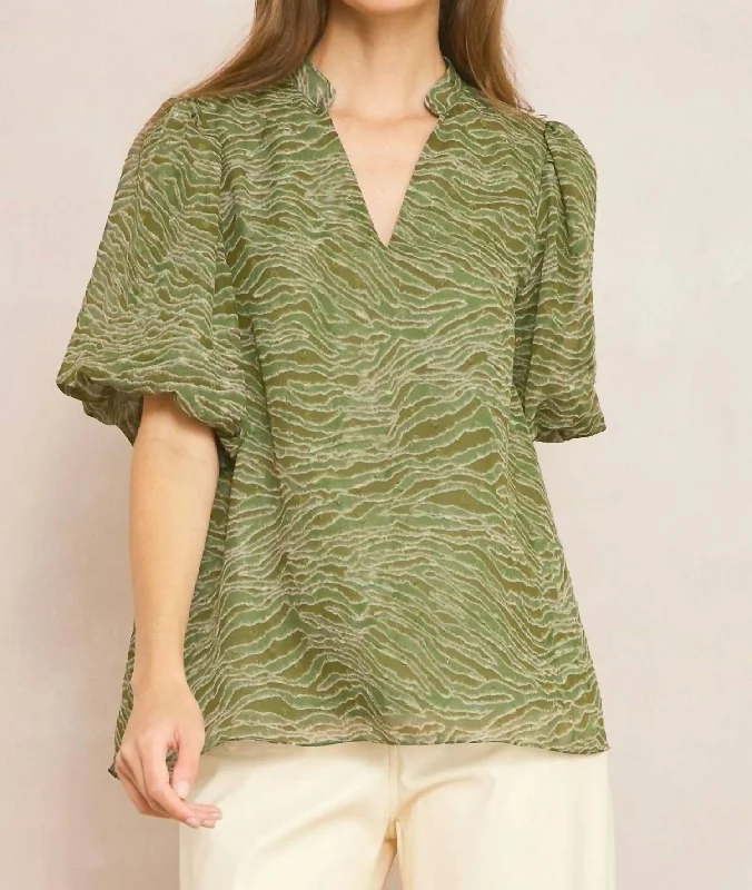 Enjoy Discount Bubble Sleeve V-Neck Top In Olive