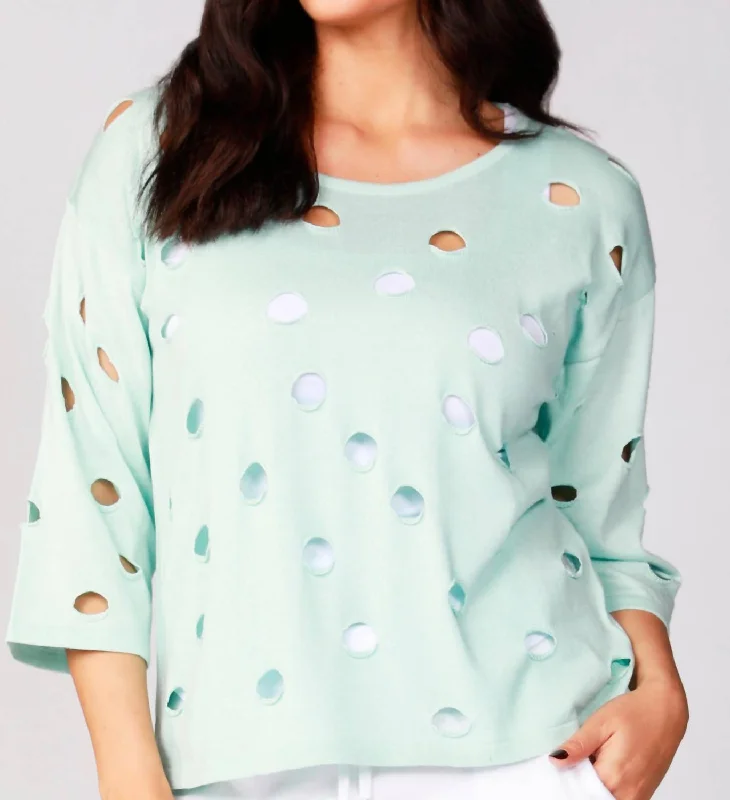 Chic Trends Unveiled Solid Holey Crew Top In Mist