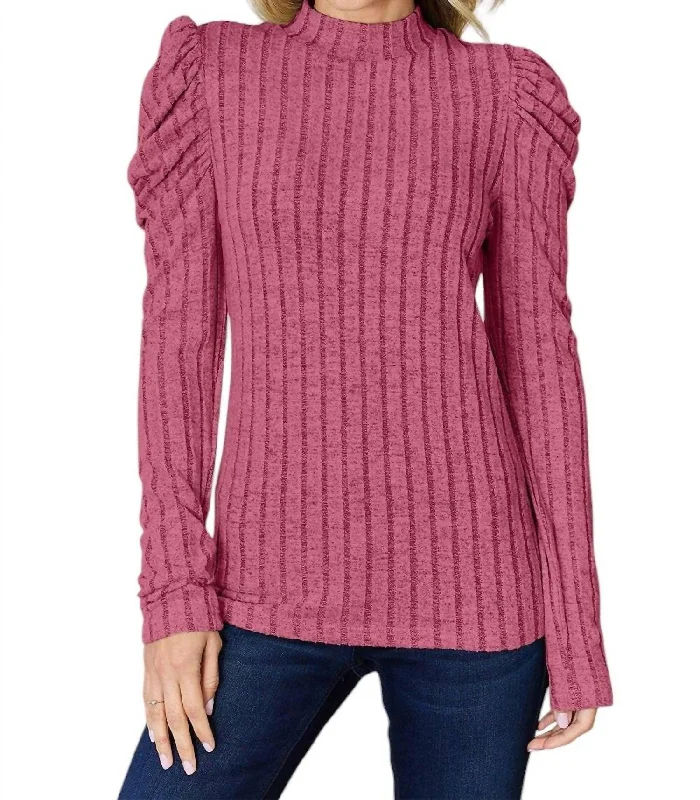 Wardrobe Upgrade Ribbed Mock Neck Top With Puff Sleeves In Fuchsia Pink