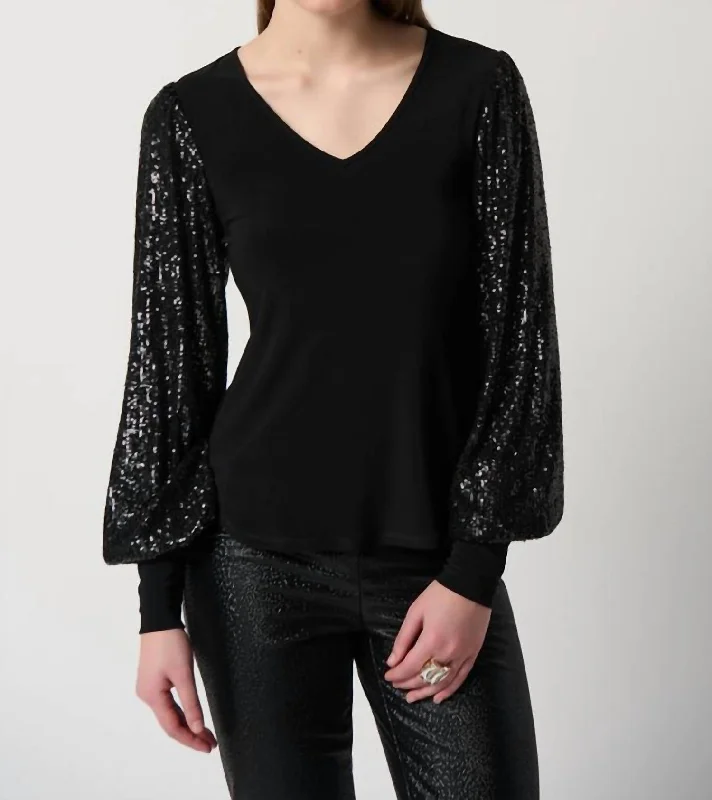 Style Versatile Women's Collection Sequin Sleeves Top In Black