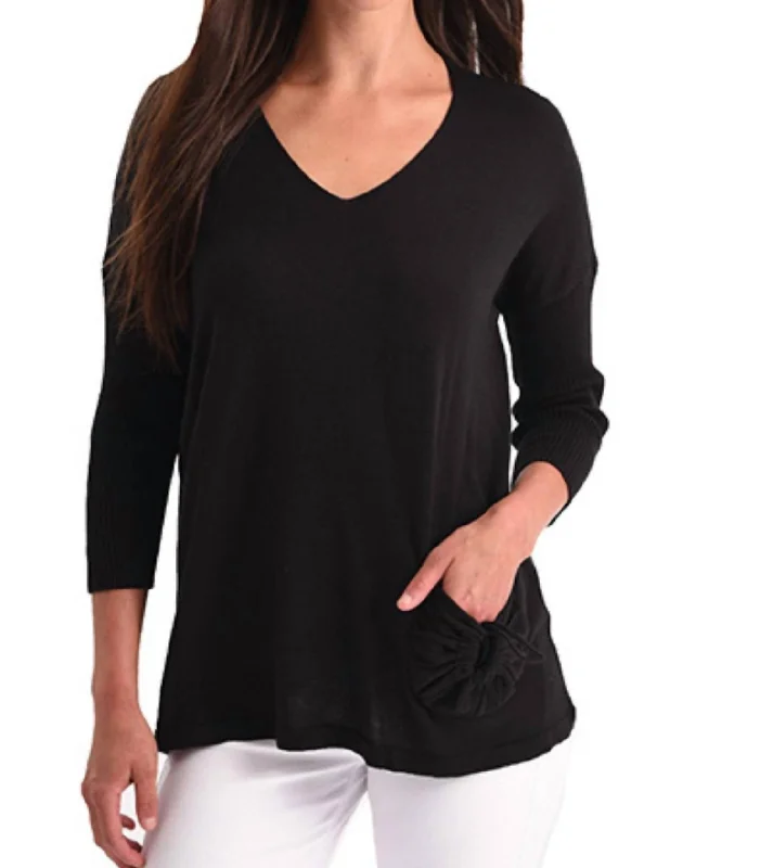 Trendy Women's Wear Tie Pocket Detail V-Neck Top In Black