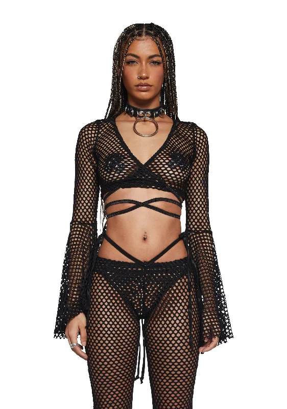 Weekend Sale Techno Fantasy Fishnet Wrap Top - Black