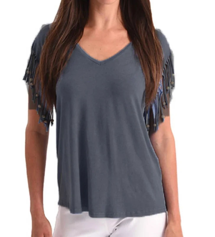 Limited Stock, Big Sale Stone Wash Cut Out Fringe Beaded Sleeve Top In Charcoal