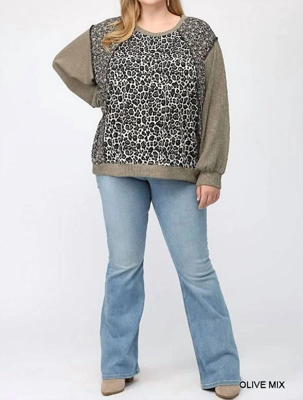 Clothing Brands Leopard And Ditsy Mixed Print Dolman Top In Olive