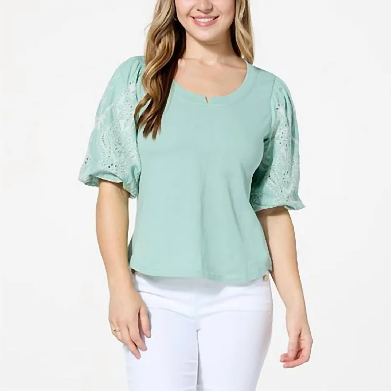 Trendy Women's Fashion Embroidered Sleeve Top In Marble Mint