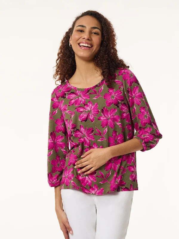 Trendy Women's Outfits for Casual Wear Floral Puff Sleeve Top, Moss Crepe