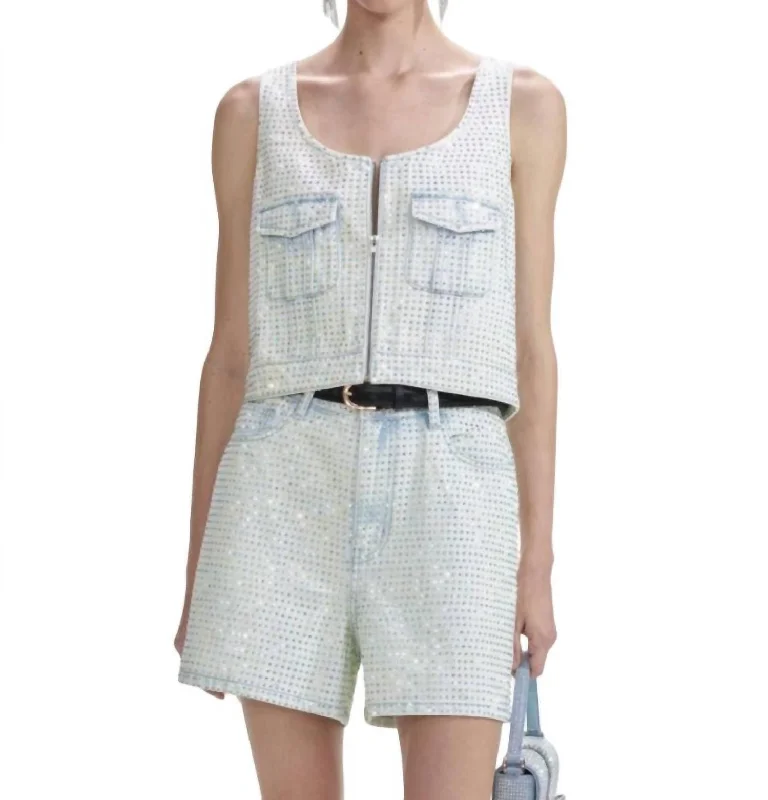 Minimalist Style Rhinestone Denim Cargo Top In Light Blue