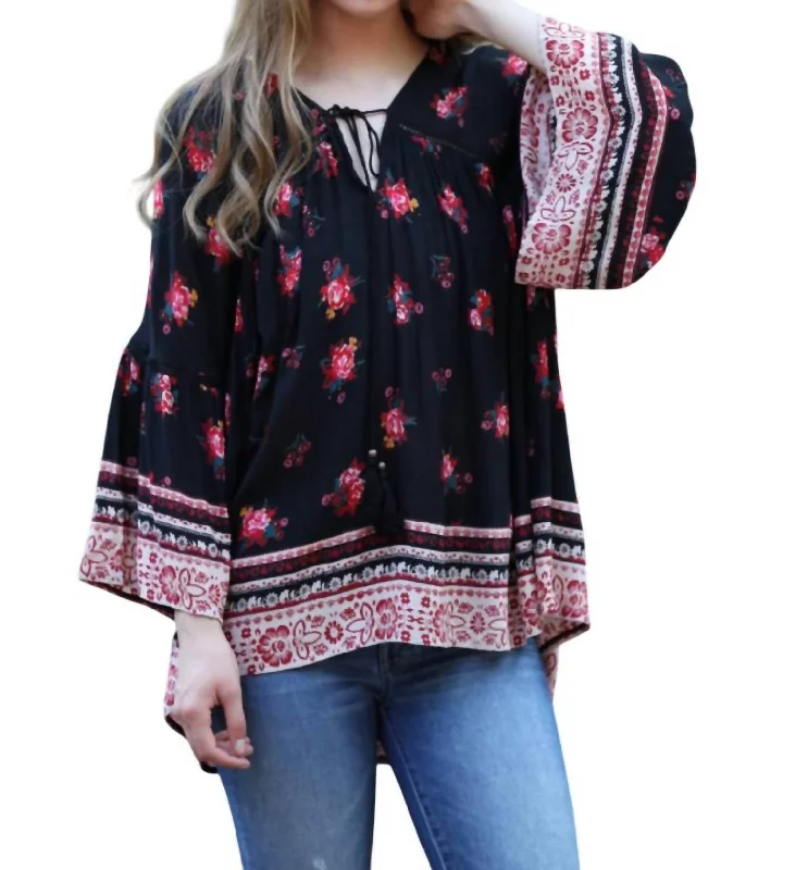 Explore What's New Floral Print Peasant Top In Black/red