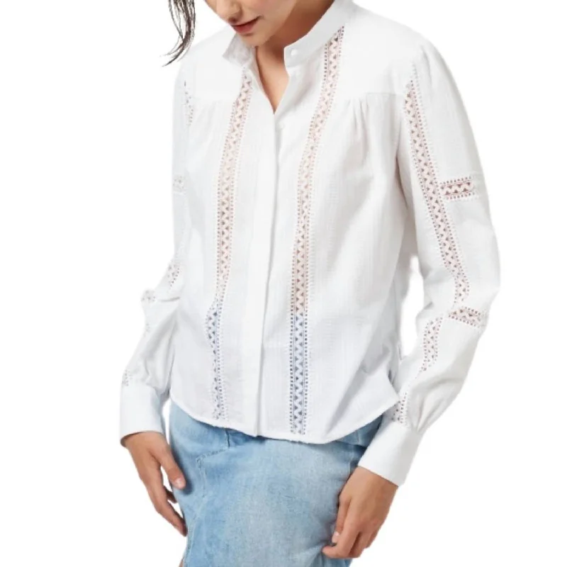 All Season Basics Discount Cotton Macrame Pinstripe Top In White