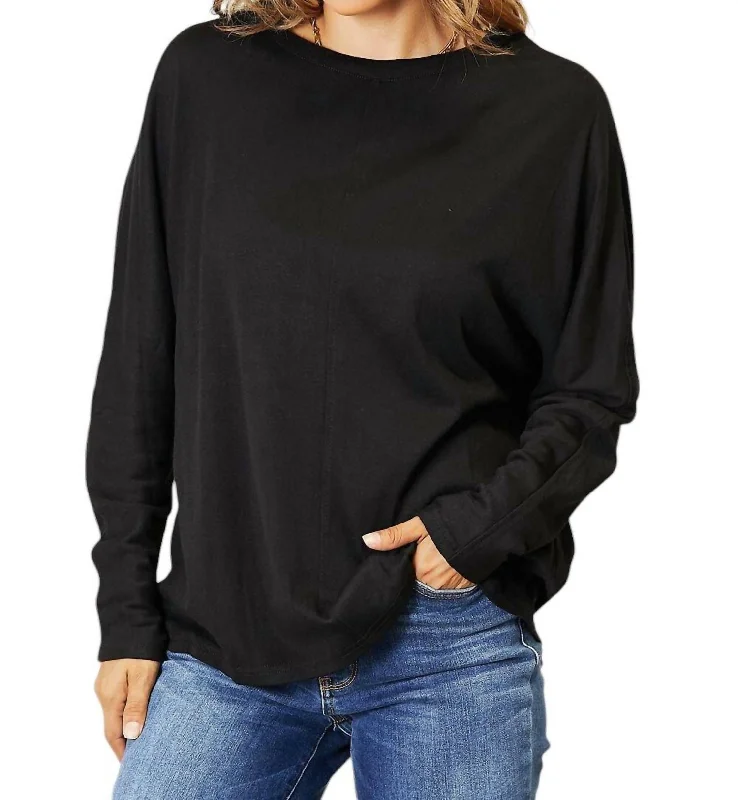 Flash Sale, Don't Miss Seam Detail Round Neck Top With Sheer Sleeves In Black