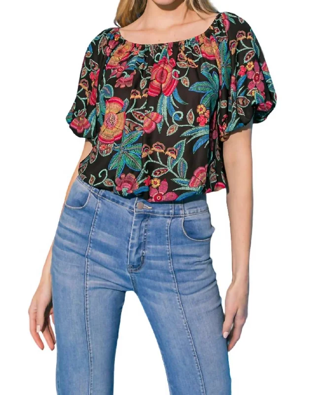 Elevate Your Wardrobe Floral Top With Puff Sleeves In Black