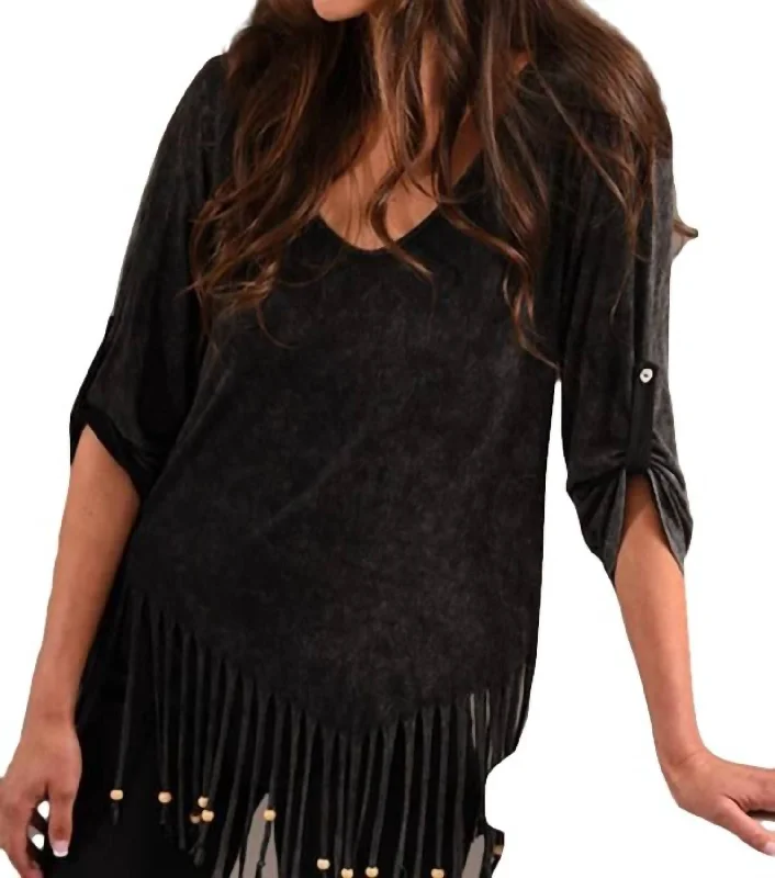 Absurdly Cheap Sale Stone Wash Cut Out Fringe Top In Charcoal