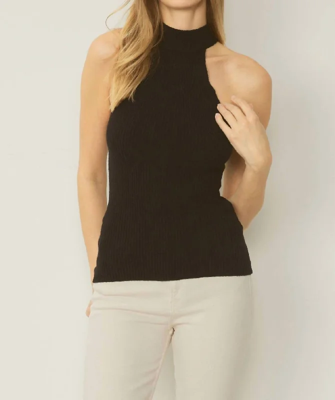 Daily Deals Solid Ribbed Mock Neck Top In Black