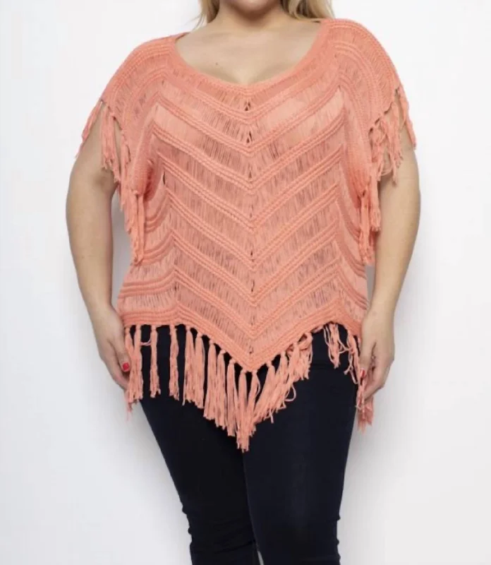 Casual Chic Plus Size Crochet Fringe Top In Coral