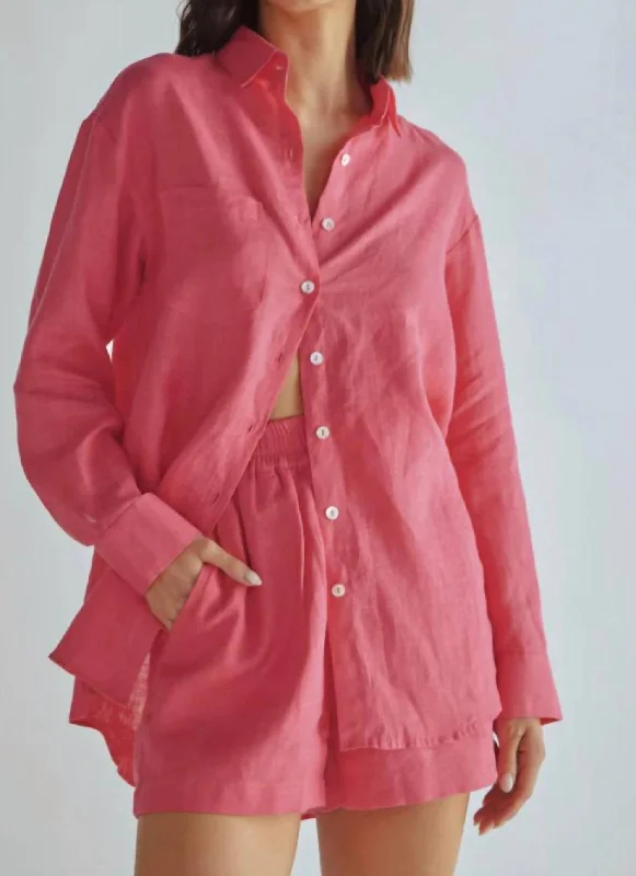 Plus Size Women Wear Linen Shirt In Pink