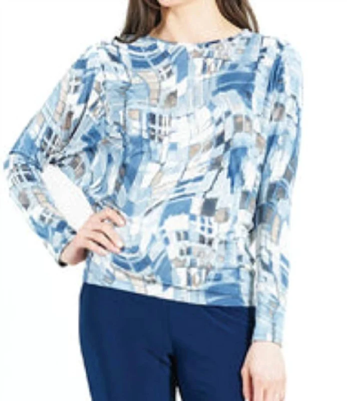 Elevate Your Wardrobe Textured Dolman Sleeve Top In Blue Mosaic Tile