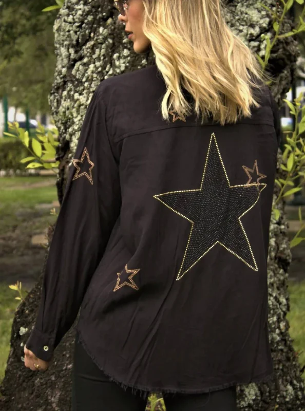 Rocker Chic Fashion Embroidered Shirt In Black