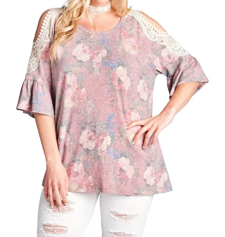 Huge Price Cut Floral Crochet Washed Top In Rose