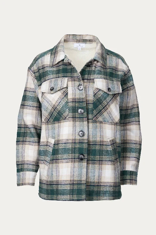 Stylish Women's Apparel Checked Sherpa-Lined Shacket In Teal Blue