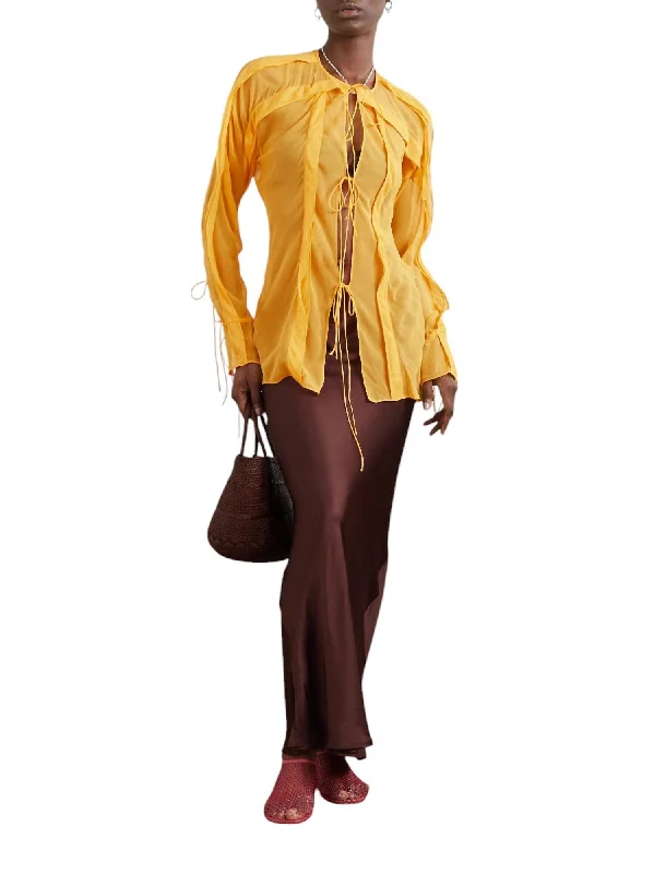 Trendy Street Style Silk Chiffon Floating Sheer Lapped Shirt In Mango