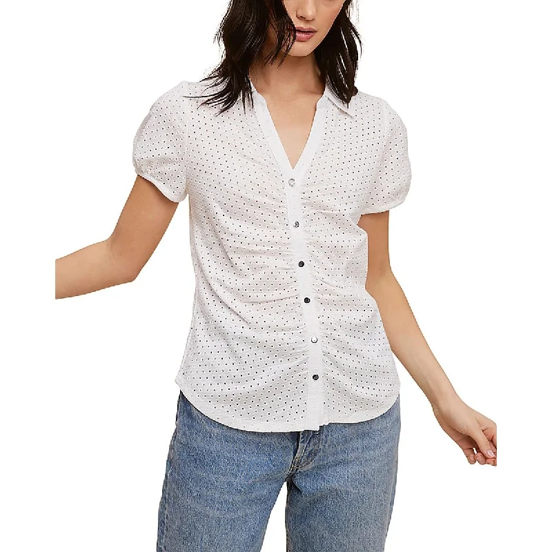 High Street Women's Fashion for Trendy Shoppers Womens Eyelet Puff Sleeve Button-Down Top