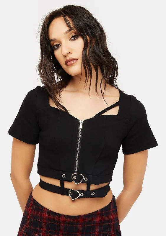 Modern Women's Fashion with Vintage Touches Punk Sexy Waist Zip-Up Top