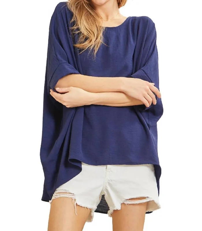 Women's Clothes Dolman Sleeve Poncho Style Top In Navy