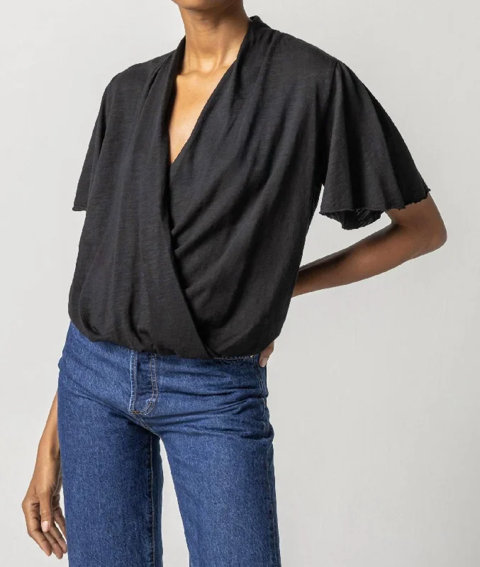 Chic Women's Clothing for Date Nights Faux Wrap Flutter Sleeve Top In Black