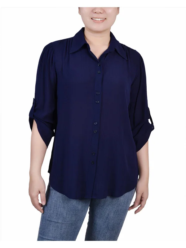 Modern Women's Wardrobe Essentials Petites Womens Sheer Solid Button-Down Top