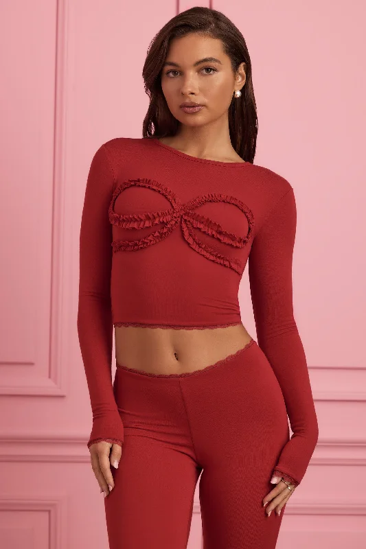 Trend Forward Threads For Her Lace-Trim Appliqué Pyjama Top in Ruby Red