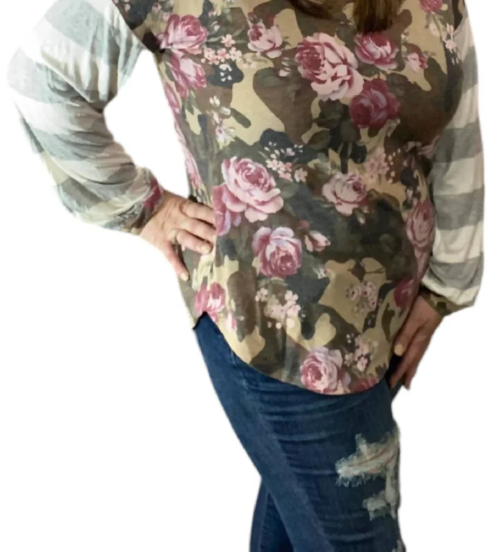 Chic Trend Collection Camo And Floral Puff Sleeve Top In Green