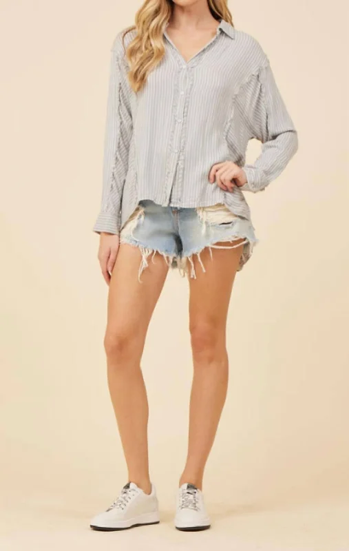 Premium Fashion Crochet Button Front Shirt In Denim/white Stripe