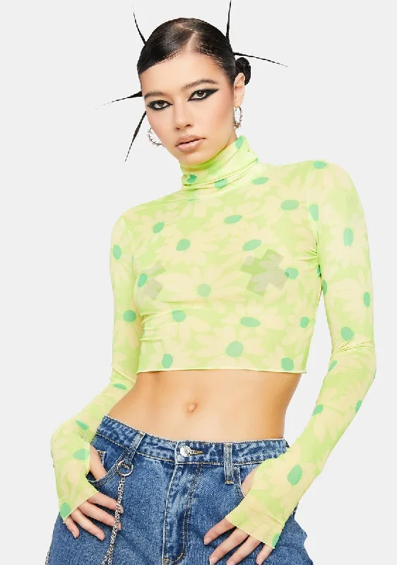 Stylish Statements Lime Daisy Micaela Mesh Turtleneck Top