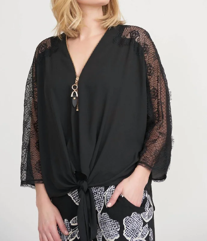 Chic Casual Style Black Lace Shoulder Tie Top