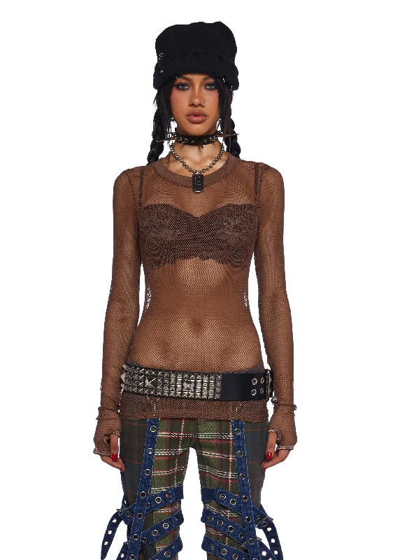 Comfortable Clothes See Thru Me Fishnet Top - Brown