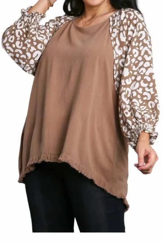 Fashion Forward Round Neck With Unfinished Frayed Hem Top In Latte