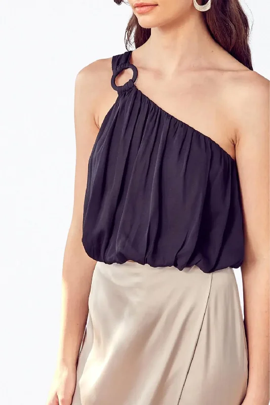 Luxury Fashion One-Shoulder Draped Satin Top In Black