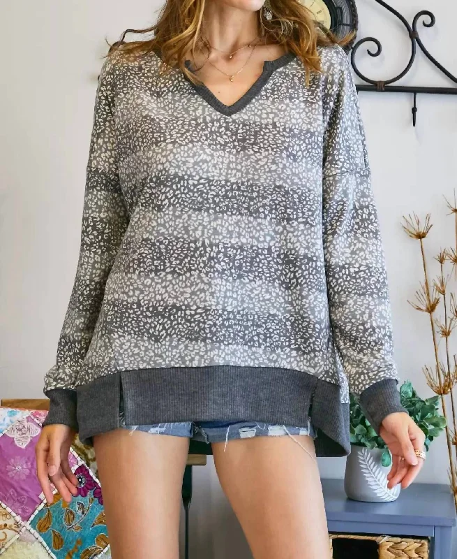 Women's Clothes Cheetah V Neck Loose Fit Top Plus In Grey