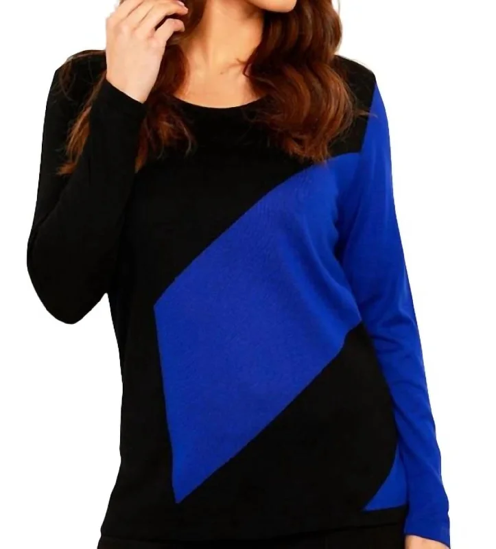 Fashion Forward 3/4 Sleeve Abstract Crew Top In Black/royal