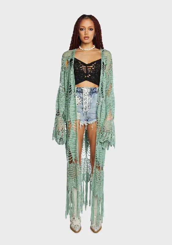 Signature Style Essentials Free Spirit Club Crochet Duster - Sage