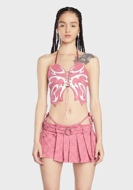 Break Fashion Norms Pink Monogram Denim Butterfly Top