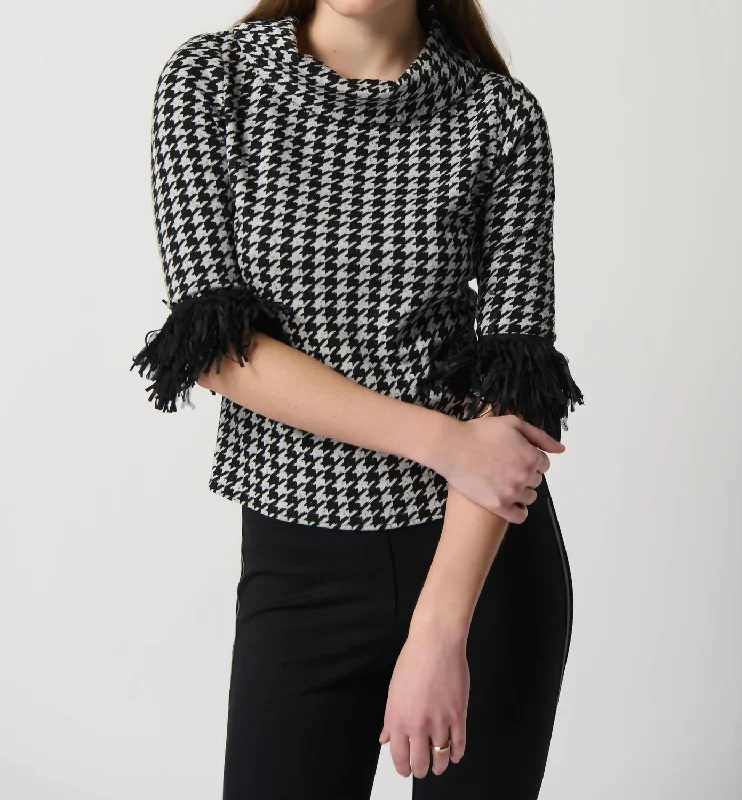 New Arrival Discounts Houndstooth Print Top With Fringe In Black/white