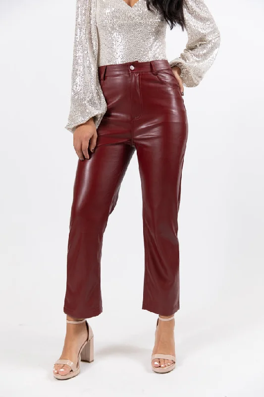 Chic Women's Clothing for Work and Travel Memorable Nights Burgundy Wide Leg Faux Leather Pants