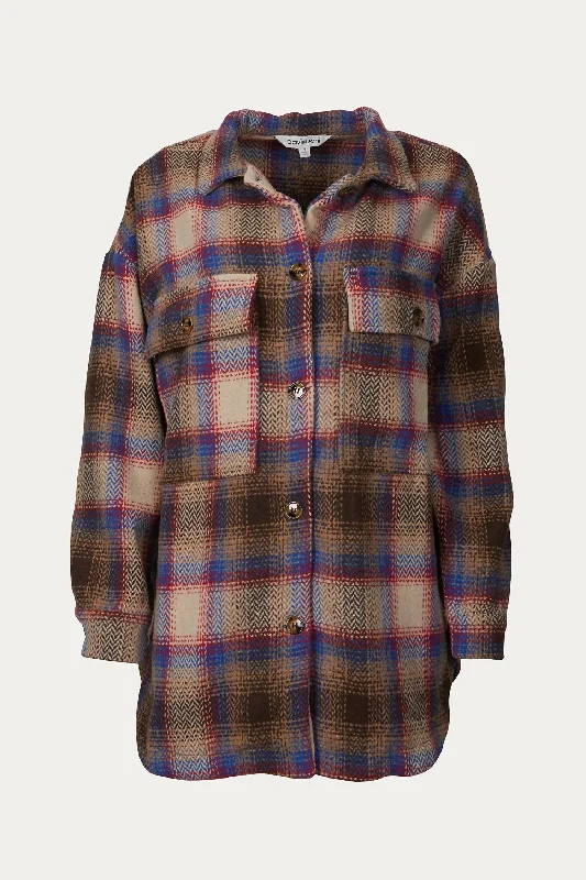 Trendy Street Style Checked Wool-Blend Shacket In Dark Brown