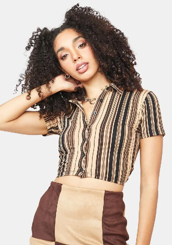 Affordable Women's Clothing Online Mixed Stripe Brown Wuma Shirt