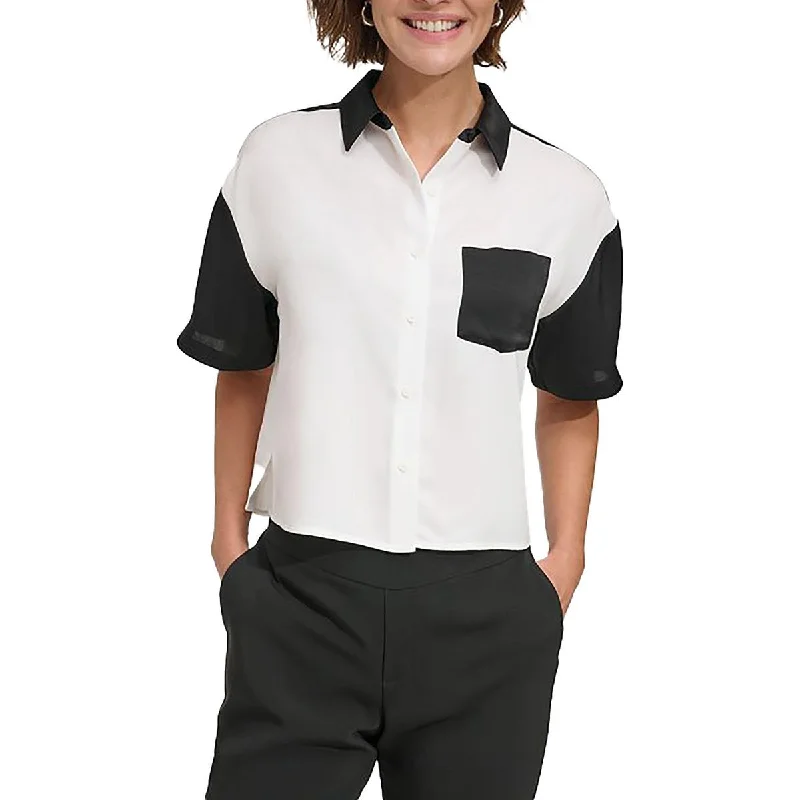 Versatile Wardrobe Essentials Womens Satin Collared Button-Down Top